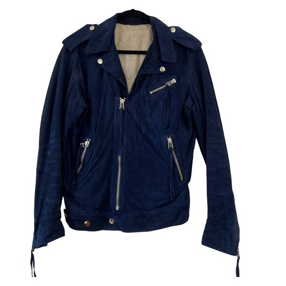 martin asbjørn Other - Martin Asbjorn Suede Leather Fringe Moto Biker Jacket Navy Blue Silver Sz Large